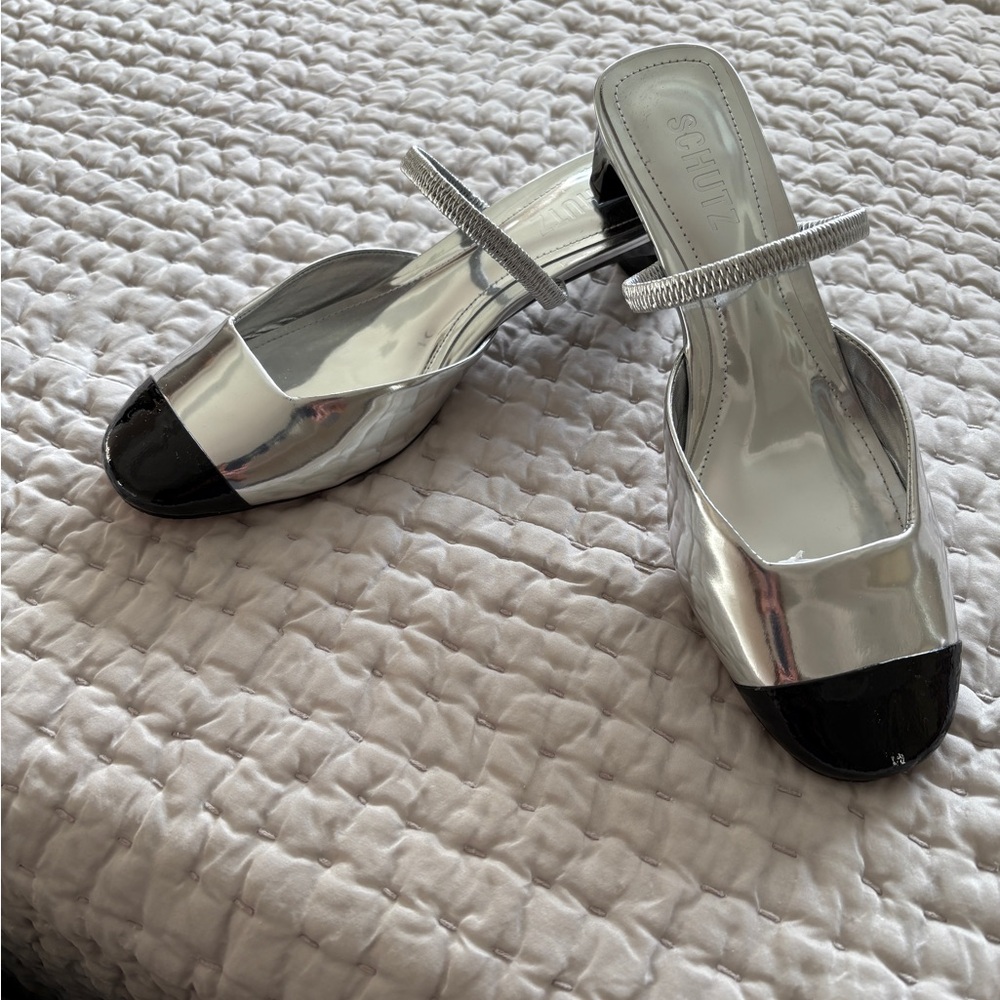 SCHUTZ Metallic Silver and Black Heels